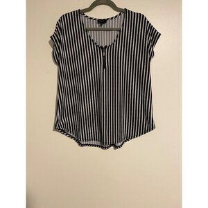 LC By Laura Cruz XL Top Black & White Striped Blouse Hi Low Hem Zipper Detail